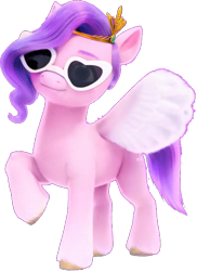 Size: 404x555 | Tagged: safe, artist:pascalmulokozi2, edit, edited screencap, imported from derpibooru, screencap, pipp petals, pegasus, pony, background removed, female, g5, glasses, headband, heart shaped glasses, jewelry, mare, my little pony: a new generation, raised hoof, regalia, simple background, smiling, solo, spread wings, sunglasses, transparent background, wings