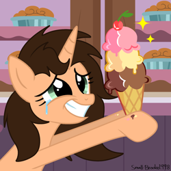 Size: 2000x2000 | Tagged: safe, artist:lynnthenerdkitty, artist:syriskater, artist:velveagicsentryyt, imported from derpibooru, oc, oc:small brooke, pony, unicorn, base used, crying, food, grin, ice cream, smiling, tears of joy, teary eyes