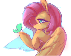 Size: 2750x2160 | Tagged: safe, artist:rainsketch, imported from derpibooru, fluttershy, butterfly, pegasus, pony, bust, butterfly on hoof, chest fluff, female, high res, looking at something, mare, open mouth, partially open wings, profile, raised hoof, simple background, solo, stray strand, teary eyes, white background, wings