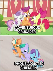 Size: 1500x1999 | Tagged: safe, edit, edited screencap, imported from derpibooru, screencap, apple bloom, scootaloo, sweetie belle, earth pony, pegasus, pony, unicorn, crusaders of the lost mark, spoiler:g5, spoiler:my little pony: tell your tale, spoiler:tyts01e20, adventure in the comments, bow, cellphone, comparison, cutie mark crusaders, female, filly, foal, g5, glory (g5), my little pony: tell your tale, ok boomer, one trick pony (episode), peach fizz, phone, pippsqueak trio, pippsqueaks, seashell (g5), smartphone, tail, tail bow, trio