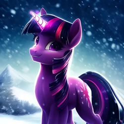 Size: 1024x1024 | Tagged: safe, imported from derpibooru, twilight sparkle, pony, unicorn, ai content, ai generated, cannot unsee, extra legs, female, generator:purplesmart.ai, generator:stable diffusion, glowing, glowing horn, hana hana no mi, horn, literal fifth leg, looking at you, mare, mountain, multiple legs, smiling, snow, snowfall, solo, unicorn twilight, when you see it, winter