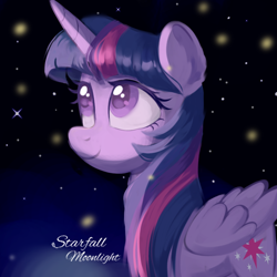 Size: 768x768 | Tagged: safe, artist:starfallmoonlight, imported from derpibooru, twilight sparkle, alicorn, firefly (insect), insect, pony, female, looking up, mare, solo, stars, twilight sparkle (alicorn)