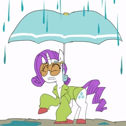 Size: 2500x2500 | Tagged: safe, artist:baigak, imported from derpibooru, rarity, unicorn, clothes, glasses, horn, looking up, rain, raised hoof, simple background, umbrella, white background