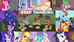 Size: 1978x1114 | Tagged: safe, edit, edited screencap, editor:quoterific, imported from derpibooru, screencap, apple bloom, applejack, fluttershy, pinkie pie, princess cadance, princess celestia, princess luna, rainbow dash, rarity, scootaloo, spike, starlight glimmer, sunset shimmer, sweetie belle, twilight sparkle, alicorn, dragon, earth pony, human, pegasus, pony, unicorn, a friend in deed, celestial advice, discordant harmony, equestria girls, games ponies play, may the best pet win, mirror magic, ponyville confidential, sleepless in ponyville, sparkle's seven, spice up your life, suited for success, sweet and smoky, to where and back again, spoiler:eqg specials, bag, chalkboard, cutie mark crusaders, mane six, saddle bag, twilight sparkle (alicorn), twilight's castle, unicorn twilight