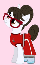 Size: 273x447 | Tagged: safe, artist:matthewjabeznazarioa, imported from derpibooru, raven, pony, unicorn, aide, base used, clothes, female, glasses, hair bun, looking up, mare, martial arts, martial arts kids outfit, martial arts kids outfits, pink background, quadrupedal, shoes, simple background, smiling, training