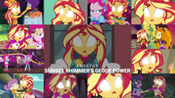 Size: 1974x1111 | Tagged: safe, edit, edited screencap, editor:quoterific, imported from derpibooru, screencap, adagio dazzle, kiwi lollipop, pinkie pie, sci-twi, sunset shimmer, supernova zap, twilight sparkle, water lily (g4), human, equestria girls, equestria girls series, forgotten friendship, holidays unwrapped, legend of everfree, mirror magic, spring breakdown, sunset's backstage pass!, super squad goals, spoiler:eqg series (season 2), spoiler:eqg specials, blank eyes, blizzard or bust, geode of empathy, glowing, glowing eyes, k-lo, magical geodes, postcrush, su-z, white eyes