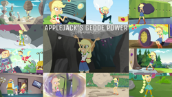 Size: 1972x1110 | Tagged: safe, edit, edited screencap, editor:quoterific, imported from derpibooru, screencap, applejack, human, best trends forever, cheer you on, driving miss shimmer, equestria girls, equestria girls series, holidays unwrapped, legend of everfree, spring breakdown, super squad goals, spoiler:eqg series (season 2), armpits, arms in the air, clothes, dress, geode of super strength, hands in the air, magical geodes, raised arms, saving pinkie's pie, sleeveless, winter break-in