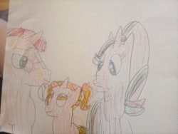 Size: 640x480 | Tagged: safe, artist:theautisticrebel, imported from derpibooru, luster dawn, starlight glimmer, sunburst, unicorn, drawing, father and child, father and daughter, female, filly luster dawn, luster dawn is starlight's and sunburst's daughter, male, mare, mother and child, mother and daughter, parent:starlight glimmer, parent:sunburst, parents:starburst, reddit, stallion, traditional art