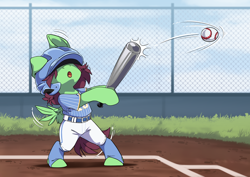 Size: 3508x2480 | Tagged: safe, artist:arctic-fox, imported from derpibooru, oc, oc only, oc:watermelon success, pegasus, semi-anthro, baseball, baseball bat, bipedal, clothes, female, filly, floppy ears, foal, solo, sports