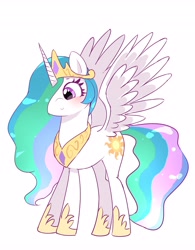 Size: 3203x4096 | Tagged: safe, artist:leo19969525, imported from derpibooru, princess celestia, alicorn, pony, blushing, crown, cute, cutelestia, ears, ears up, female, g4, horn, jewelry, mane, mare, multicolored hair, purple eyes, rainbow hair, rainbow tail, regalia, simple background, smiling, solo, spread wings, tail, white background, wings