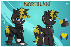 Size: 2058x1361 | Tagged: safe, artist:joaothejohn, imported from derpibooru, oc, oc only, oc:northlane, pegasus, pony, choker, clothes, commission, cute, cutie mark, jacket, lidded eyes, looking at you, pegasus oc, reference sheet, simple background, smiling, socks, text, wings