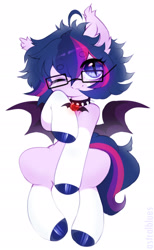 Size: 1280x2074 | Tagged: safe, artist:astralblues, imported from derpibooru, oc, bat pony, pony, choker, female, glasses, mare, not twilight sparkle, simple background, solo, spiked choker, white background