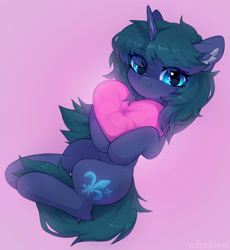 Size: 1280x1392 | Tagged: safe, artist:astralblues, imported from derpibooru, oc, oc only, oc:arclight, pony, unicorn, female, heart, heart pillow, hug, mare, pillow, pillow hug, pink background, simple background, solo