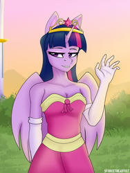 Size: 1440x1920 | Tagged: safe, artist:sforcetheartist, imported from derpibooru, twilight sparkle, alicorn, anthro, clothes, coronation dress, crown, dress, evening gloves, gloves, gown, jewelry, long gloves, regalia, solo, twilight sparkle (alicorn)
