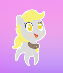 Size: 936x1080 | Tagged: safe, alternate version, artist:happy harvey, imported from derpibooru, derpy hooves, pegasus, age regression, blushing, character swap, chibi, collar, cute, female, filly, foal, gradient background, looking up, name tag, no pupils, open mouth, pet, phone drawing, slave, smiling