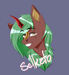 Size: 3240x3500 | Tagged: safe, artist:coffeez, imported from derpibooru, oc, oc:selketo, kirin, pony, chest fluff, ear fluff, eye scar, eyebrows, eyebrows visible through hair, facial scar, gift art, green hair, horn, kirin oc, lidded eyes, looking at you, scar, smiley face, smiling, solo, striped horn