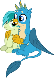 Size: 3000x4271 | Tagged: safe, artist:cloudy glow, imported from derpibooru, gallus, sandbar, griffon, pony, a rockhoof and a hard place, cute, daaaaaaaaaaaw, duo, duo male, gallabetes, hug, male, sandabetes, simple background, teenager, transparent background, vector