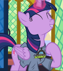 Size: 838x940 | Tagged: safe, edit, edited screencap, imported from derpibooru, screencap, twilight sparkle, alicorn, pony, a trivial pursuit, clothes, eyes closed, female, folded wings, glowing, glowing horn, grin, horn, i fucking love science, magic, mare, science, shirt, smiling, solo, twilight sparkle (alicorn), vulgar, wings