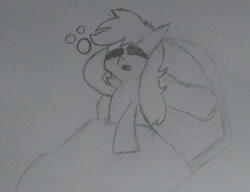 Size: 1021x783 | Tagged: safe, artist:applejacko1112, imported from derpibooru, applejack, earth pony, pony, bed, bed mane, in bed, sleepy, solo, traditional art, waking