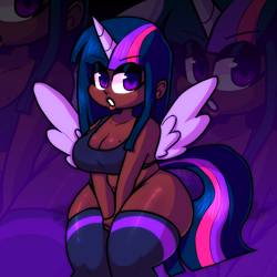 Size: 1800x1800 | Tagged: safe, artist:rainbrony, imported from derpibooru, twilight sparkle, alicorn, human, breasts, busty twilight sparkle, chubby, chubby twilight, clothes, dark skin, horn, horned humanization, humanized, looking at you, mole, open mouth, plump, socks, spread wings, thigh highs, thighlight sparkle, thunder thighs, twilight sparkle (alicorn), underwear, winged humanization, wings, zoom layer