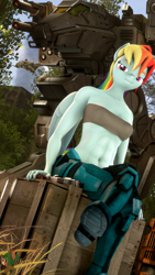 Size: 2160x3840 | Tagged: safe, artist:donglysfm, imported from derpibooru, rainbow dash, anthro, pegasus, plantigrade anthro, art pack:fun n games 2022, 3d, alternate hairstyle, armor, battletech, breasts, crate, delicious flat chest, female, gun, high res, mecha, muscles, outdoors, revamped anthros, solo, source filmmaker, weapon