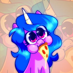 Size: 1800x1800 | Tagged: safe, artist:rainbrony, derpibooru exclusive, imported from derpibooru, izzy moonbow, pony, unicorn, aweeg*, cute, female, food, g5, horn, izzybetes, looking at you, mare, meat, pepperoni, pepperoni pizza, pizza, smiling, smiling at you, solo, zoom layer