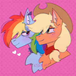 Size: 1280x1281 | Tagged: safe, artist:shylunaart, imported from derpibooru, applejack, rainbow dash, earth pony, pegasus, appledash, bust, chest fluff, ear fluff, ear piercing, female, heart, lesbian, looking at each other, looking at someone, neckerchief, piercing, shipping