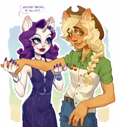 Size: 1908x2048 | Tagged: safe, artist:p0nyplanet, imported from derpibooru, applejack, rarity, human, admiration, blushing, bracelet, breasts, cleavage, clothes, denim, dialogue, dress, ear fluff, eared humanization, eyeshadow, female, holding, horn, horned humanization, humanized, jeans, jewelry, lesbian, lipstick, makeup, nail polish, necklace, pants, rarijack, shipping, shirt