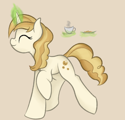 Size: 786x754 | Tagged: safe, artist:ahorseofcourse, imported from derpibooru, sweet biscuit, pony, unicorn, cookie, cup, eyes closed, female, food, levitation, magic, mare, raised leg, smiling, teacup, telekinesis