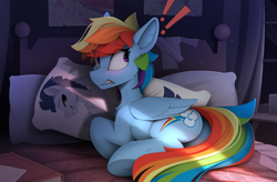 Size: 2510x1645 | Tagged: safe, artist:yakovlev-vad, imported from derpibooru, rainbow dash, soarin', pegasus, pony, bed, blushing, body pillow, book, butt, caught, exclamation point, eye clipping through hair, eyebrows, eyebrows visible through hair, female, gritted teeth, implied shipping, implied soarindash, implied straight, lip bite, male, mare, plot, rainbutt dash, solo, sweat, sweatdrop, teeth, underhoof, wide eyes