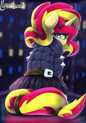 Size: 890x1272 | Tagged: safe, artist:llametsul, imported from derpibooru, sunset shimmer, pony, unicorn, annoyed, belt, city, clothes, colored, dress, looking at you, looking back, looking back at you, signature, skirt, solo