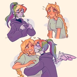 Size: 2048x2048 | Tagged: safe, artist:jade_uh_, imported from derpibooru, applejack, rainbow dash, human, equestria girls, appledash, blushing, clothes, female, heart, heart hands, hoodie, kissing, lesbian, ponytail, shipping, shirt, t-shirt, wings