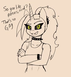 Size: 1174x1280 | Tagged: safe, artist:peel_a_na, imported from derpibooru, oc, oc:dyx, alicorn, anthro, anthro oc, black sclera, bracelet, choker, clothes, crossed arms, cute, cute little fangs, dialogue, fangs, female, horn, hypocritical humor, insult, jewelry, looking at you, mane of fire, older dyx, open mouth, partial color, ponytail, shirt, short shirt, simple background, sleeveless, solo, talking to viewer, wingless, wingless alicorn, wingless anthro, yellow eyes