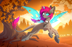 Size: 3281x2160 | Tagged: safe, artist:strafe blitz, imported from derpibooru, oc, oc only, changeling, changeling oc, leaves, slim, solo, thin, tree