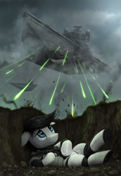 Size: 2300x3338 | Tagged: safe, alternate version, artist:magfen, imported from derpibooru, oc, oc only, pony, floppy ears, imminent death, sad, solo, spaceship, star destroyer, star wars, stormtrooper