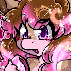 Size: 1280x1280 | Tagged: safe, artist:xizana, imported from derpibooru, pinkie pie, pony, blushing, bust, eye clipping through hair, furry to pony, open mouth, portrait, solo, transformation, unshorn fetlocks