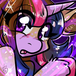 Size: 1280x1280 | Tagged: safe, artist:xizana, imported from derpibooru, twilight sparkle, pony, blushing, bust, eye clipping through hair, furry to pony, open mouth, portrait, solo, transformation, unshorn fetlocks