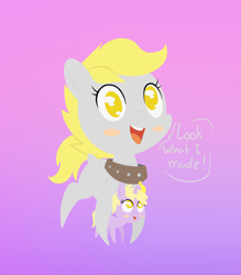 Size: 946x1080 | Tagged: safe, artist:happy harvey, imported from derpibooru, derpy hooves, dinky hooves, pegasus, pony, unicorn, blushing, chibi, collar, cute, dialogue, female, filly, foal, gradient background, happy, looking up, mare, mother and child, mother and daughter, no pupils, open mouth, pet, phone drawing, slave, slave collar, smiling, smol