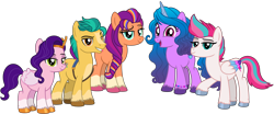 Size: 13204x5505 | Tagged: safe, artist:emeraldblast63, imported from derpibooru, hitch trailblazer, izzy moonbow, pipp petals, sunny starscout, zipp storm, earth pony, pegasus, pony, unicorn, female, g4, g5, g5 to g4, generation leap, male, mane five (g5), mare, simple background, stallion, transparent background