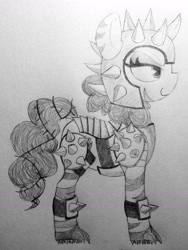 Size: 1518x2020 | Tagged: safe, artist:anonymous, imported from derpibooru, oc, oc only, oc:rampage, earth pony, pony, fallout equestria, fallout equestria: project horizons, barbed wire, fanfic art, lidded eyes, smiling, smirk, solo, spiked armor, traditional art