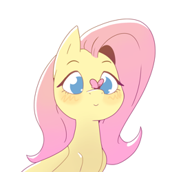 Size: 1000x1000 | Tagged: safe, artist:exagono16, imported from derpibooru, fluttershy, butterfly, pegasus, pony, blushing, bust, butterfly on nose, cross-eyed, cute, female, folded wings, insect on nose, looking at something, mare, no pupils, shyabetes, simple background, smiling, solo, white background, wings