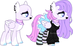 Size: 3139x1988 | Tagged: safe, artist:kurosawakuro, imported from derpibooru, oc, pegasus, pony, bald, base used, beauty mark, black lipstick, blue eyes, choker, clothes, colored hooves, ear piercing, earring, female, folded wings, jewelry, lipstick, magical lesbian spawn, mare, offspring, parent:fluttershy, parent:twilight sparkle, parents:twishy, piercing, simple background, skirt, socks, solo, striped socks, sweater, transparent background, wings