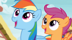 Size: 520x293 | Tagged: safe, imported from derpibooru, screencap, rainbow dash, scootaloo, pegasus, pony, newbie dash, season 6, animated, bopping, cute, cutealoo, dashabetes, gif, ponyville, what is love