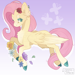 Size: 2048x2048 | Tagged: safe, artist:arctic-more, imported from derpibooru, fluttershy, pegasus, pony, aside glance, beanbrows, cheek fluff, chest fluff, colored hooves, drop shadow, ear fluff, elbow fluff, eyebrows, female, flower, flower in hair, fluttershy's cutie mark, gradient background, high res, lightly watermarked, looking at you, mare, partially open wings, solo, watermark, wings