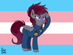 Size: 1600x1200 | Tagged: safe, imported from derpibooru, oc, bat pony, pony, suited for success, clothes, female, navy, pride, pride flag, salute, suit, trans female, transgender, transgender pride flag