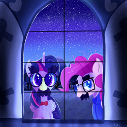 Size: 3000x3000 | Tagged: safe, artist:thebigstuff89, imported from derpibooru, pinkie pie, twilight sparkle, alicorn, earth pony, pony, disguise, facial hair, glasses, groucho mask, looking at you, moustache, night, twilight sparkle (alicorn), window