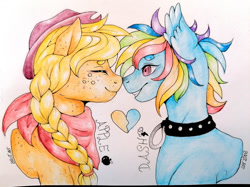 Size: 1280x957 | Tagged: safe, artist:brot-art, imported from derpibooru, applejack, rainbow dash, earth pony, pegasus, pony, appledash, boop, choker, female, heart, lesbian, noseboop, shipping, spiked choker, traditional art, watercolor painting