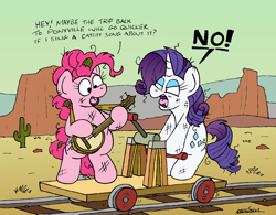 Size: 2328x1818 | Tagged: safe, artist:bobthedalek, imported from derpibooru, pinkie pie, rarity, earth pony, pony, unicorn, the last roundup, angry, banjo, bipedal, cactus, desert, dialogue, female, hand car, mare, messy mane, musical instrument, rarity is not amused, scene interpretation, train tracks, unamused