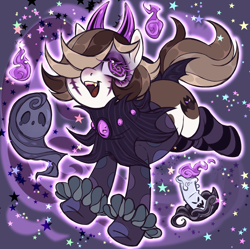 Size: 1843x1834 | Tagged: safe, artist:frowoppy, imported from derpibooru, oc, oc only, oc:illui, earth pony, pony, bat wings, brown mane, clothes, clown, clown makeup, costume, halloween, halloween 2021, halloween costume, holiday, horn, purple background, purple eyes, simple background, smiling, socks, solo, striped socks, wings
