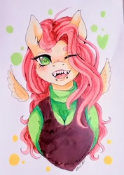 Size: 660x932 | Tagged: safe, artist:brot-art, imported from derpibooru, fluttershy, anthro, pegasus, beanbrows, bust, cute, eye clipping through hair, eyebrows, fangs, female, floating wings, lip piercing, looking at you, mare, one eye closed, open mouth, open smile, piercing, sharp teeth, shyabetes, smiling, smiling at you, solo, teeth, wings